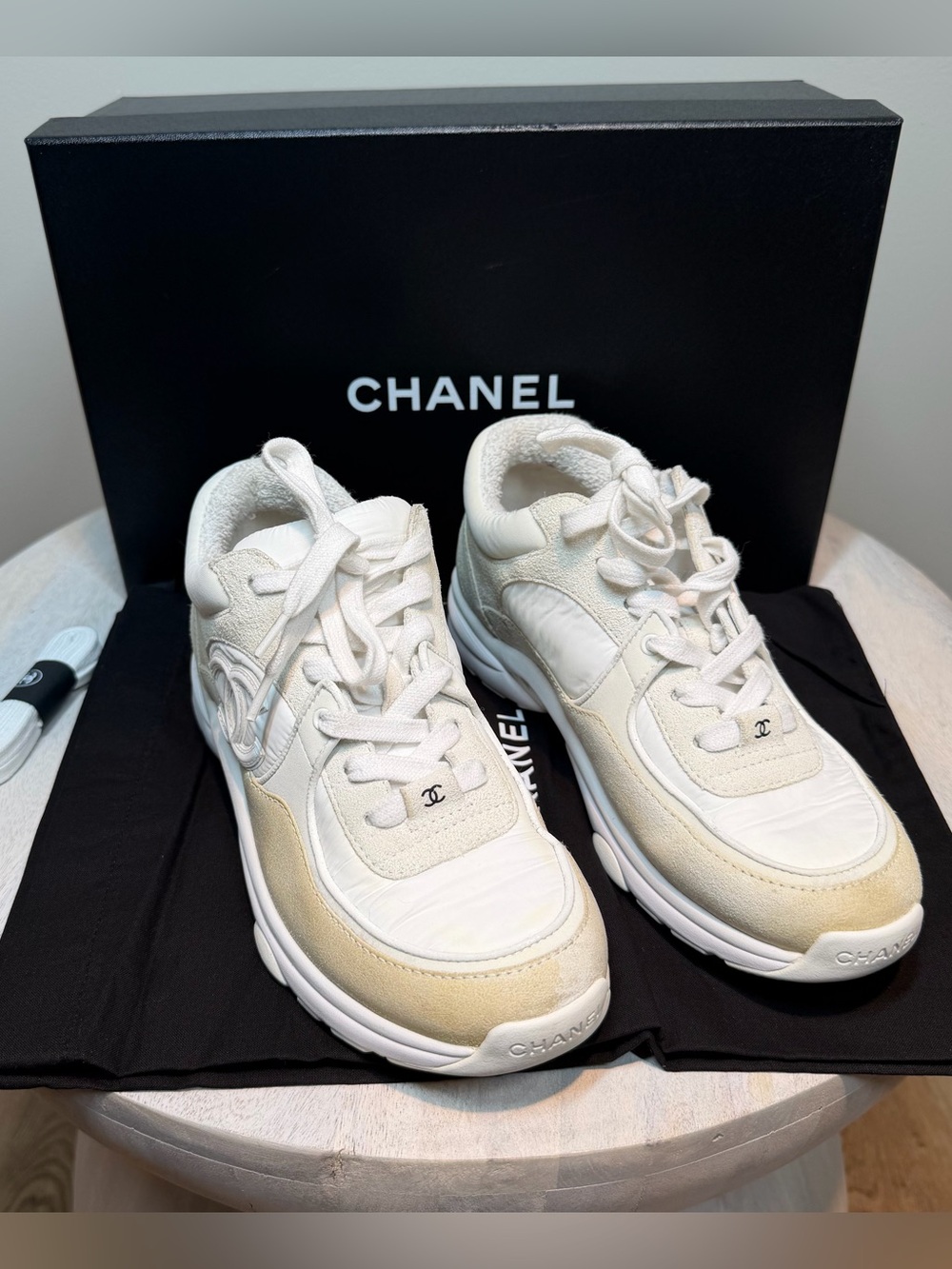 AUTHENTIC Chanel White, Suede Calfskin CC Sneakers 37.5 w/ Receipt Box Dustbag